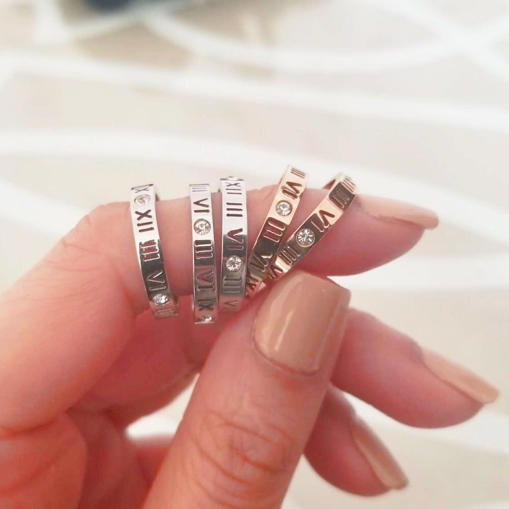 Crystal Roman Numeral Laser Cut Out Rings Silver Rose Gold